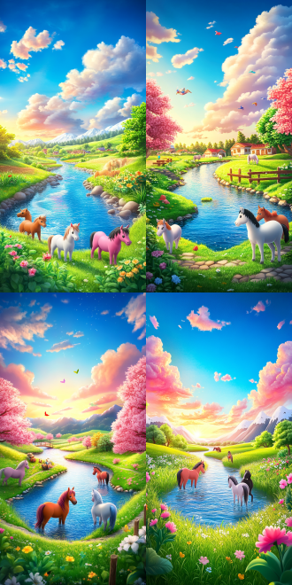 草原河流四马放牧，三分法构图，梦幻风，广角镜头，侧光，暖色调，彩虹云朵，平静祥和，幻想艺术。