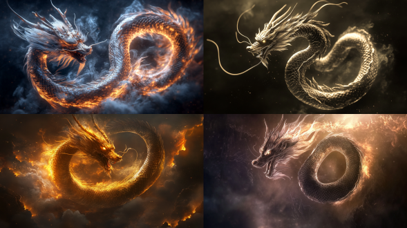 数字渲染32k中国传统龙，盘旋上升，黄金分割布局，暗背景，冷色调，长焦镜头，逆光，光影对比强，霸气威严。