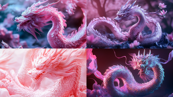3d、c4d渲染中国神话龙，玫粉混合色龙身，龙鳞透明，全景中心构图，光影分明，超梦幻真实，fhd 32k超完美细节。