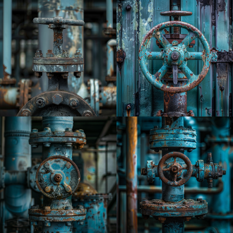 铸铁软密封闸阀控制水流关闭，正面构图，水泵房背景，工业风，无锈迹，冷色调，长焦镜头，顶光，静态，沉稳。