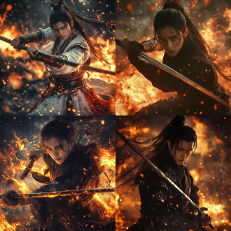 20岁战士，中国风古风，似彭于晏，黑长发白皮肤，持长棍战斗，星空夜景火焰中，画面中，广角，动态模糊，8k，高对比度暖光，紧张神秘