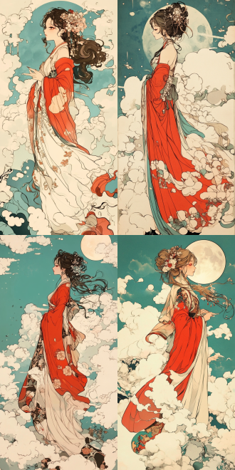 嫦娥仙子，纱衣飘动，内层裙摆领口布满花纹，华丽的发饰，清冷的眼神，被云包围，流动的色彩，流动的墨水，线条画，古画写意