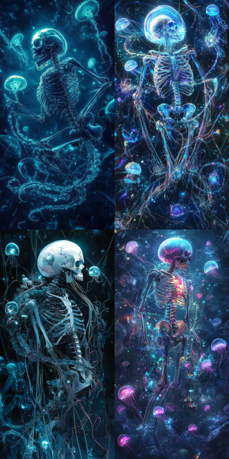 机械骨骼缠水母触须，中心构图，深海荧光与赛博霓虹交织，超广角镜头，逆光，冷色调，奇幻，神秘。