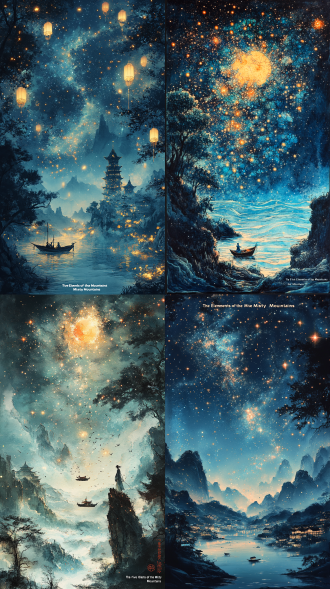 中国风水墨科幻，篪星辉墙如琉璃般碎裂，裂缝中流淌着星尘与灵气，破碎的光壁化作万千飞散的萤火，远处有仙舟悬浮，宇宙如宣纸晕染，传统青绿山水与深空星云结合，风格参考徐天华+《雾山五行》，意境悠远而震撼