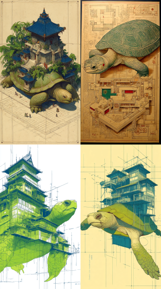 一只巨大的绿眼乌龟背上有一个巨大的宫殿建筑群，宽大的院子。亭台楼阁，仙气飘飘，，原始线性画风，线条简单且错误百出，模仿4岁幼儿，二维平面效果，随意的手稿，涂鸦草稿，幻想，奇幻氛围