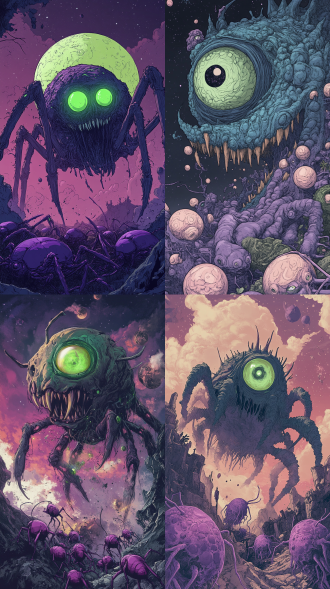 一只巨大的绿眼宇宙怪兽带领着一大群紫色昆虫变异人吞噬星球，原始线性画风，线条简单且错误百出，模仿4岁幼儿，二维平面效果，随意的手稿，涂鸦草稿，幻想，奇幻氛围