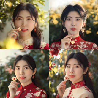 东方美女，80眉毛和眼睛相似度，三分构图，古典园林，长焦镜头，微笑，柔光，浅笑，旗袍，典雅气质，暖黄调，温婉