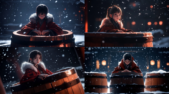 雪夜纷飞，红衣貂皮六七岁少女坐泛黄木桶露半脸双手搭边，三分构图，长焦镜头，逆光，画面静谧，冷色调，安静氛围。
