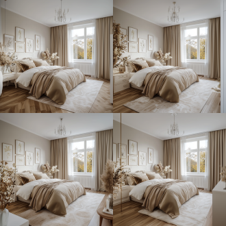 高雅的女士卧房，从顶到地颜色遵珍珠白，哑光浅卡其，奶茶色地板配羊毛质感地毯，窗是美克美家风格的白色，丝绸床品，配米色有光泽窗帘，床头有鲜切花和相框，45度角拍摄，自然光从窗户照进来