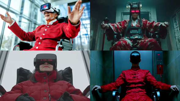 明亮居民楼走廊，智能门锁，低角度仰拍视角，老奶奶穿红色中式盘扣外套坐轮椅，改装拐杖伸出机械臂触发电梯按钮，轮椅扶手外接树莓派主板红灯闪烁代码，ar眼镜显示数据流