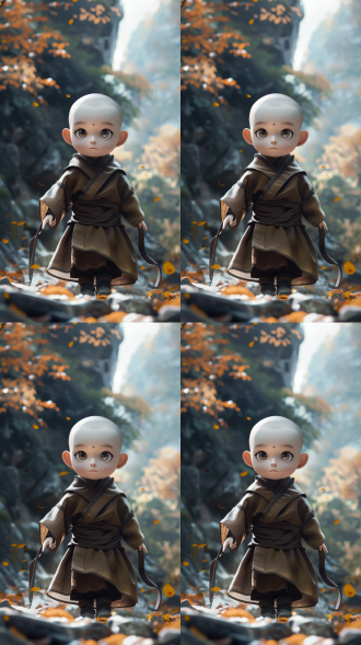 一个穿着僧衣的可爱小孩和尚全身照，q版，圆圆的眼睛，非常可爱的脸型，两个小酒窝，行走在山林间，平静，沉思，睿智，玩偶艺术，极致细节，顶级画面质量，极致画面质感，肖像，宏伟大作，全身照，自然生动，极致清晰度，微距 电影灯光 创风格