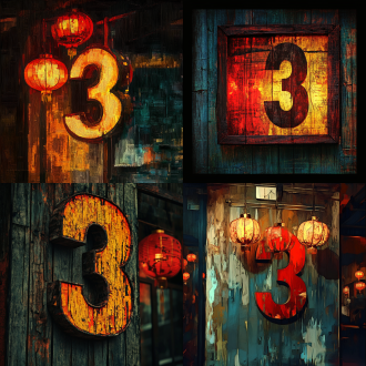 梵高风格数字“3”，明亮色彩厚重笔触，民国老上海灯牌背景，木纹细节，夜晚暖光，高光影对比，情绪高涨，特写镜头。
