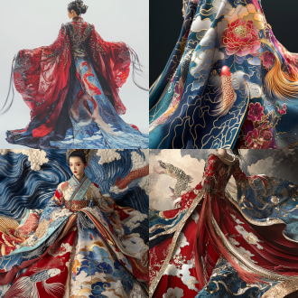 ultra-detailed chinese haute couture dress with shu embroidery motifs, traditional shu brocade patterns of peony clusters, koi fish, and swirling clouds intricately embroidered with glowing 3d metallic threads, flowing hanfu silhouette with exaggerated wide sleeves merging into modern architectural pleats, holographic silk fabric in gradient shades of imperial crimson, molten gold, and deep indigo, adorned with jade bead tassels and silver filigree fastenings, dramatic celestial lighting with ethereal mist effects, hyper-realistic textile texture showing individual stitches, neo-traditional chinese aesthetic blended with cyberpunk elements, trending on artstation, octane render 8k resolution, dynamic composition with phoenix feather hemline"