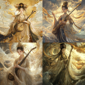 生成一幅神话幻想风格的东方古典美学作品，描绘一位手持琵琶的女性角色。她身着华丽的长袍和飘逸的披风，头戴复杂的头饰，佩戴精致的珠宝。背景采用流动的云纹和波浪，金色的光环和装饰营造出梦幻般的氛围。整体色彩以金色和青铜色为主，光影效果流动，细节精致，充满神秘与优雅的动态感。
