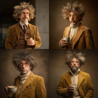 大学教授着复古毛衣和卡其灯芯绒西装，蓬松卷发微乱，戴金边眼镜，持咖啡杯踱步，表情夸张，三分构图，暖光，中长焦，自信狡黠。