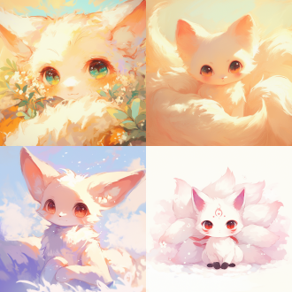 背景白色，可爱，狐妖，毛茸茸，简洁线条，卡通风格，柔光，温馨治愈，大眼睛，微笑表情，柔和阴影，细腻笔触，清新色彩。