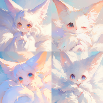 背景白色，可爱，狐妖，毛茸茸，人形，简洁线条，卡通风格，柔光，温馨治愈，大眼睛，微笑表情，柔和阴影，细腻笔触，清新色彩。