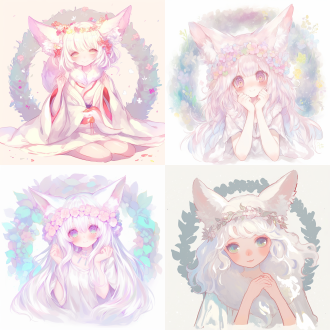 背景白色，可爱，狐妖，毛茸茸，人形，简洁线条，卡通风格，柔光，温馨治愈，大眼睛，微笑表情，柔和阴影，细腻笔触，清新色彩，花环。