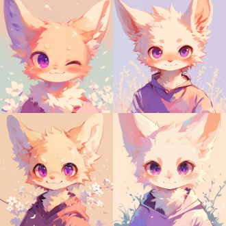 福瑞角色微笑，大眼睛可爱，背景白花白色，简洁线条卡通风，柔光，细腻笔触，清新色，温馨治愈，柔和阴影。