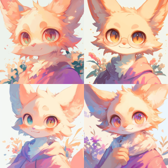 福瑞角色微笑，大眼睛可爱，周围有花，白色背景，简洁线条卡通风，柔光，细腻笔触，清新色，温馨治愈，柔和阴影。