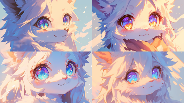 福瑞角色微笑，大眼睛可爱，白色背景有雪，简洁线条卡通风，柔光、细腻笔触，清新色，温馨治愈，柔和阴影。