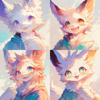 福瑞角色微笑，大眼睛可爱，白色背景海元素，简洁线条卡通风，柔光细腻笔触，清新色温馨治愈，侧光柔和阴影。