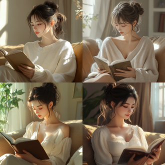 动漫，cg厚涂，写实治愈系风格，风格清新的插画，仿真人，3d立体，五官立体，细腻的笔触，柔和的光线与朦胧感，一个女人，慵懒盘发， 坐在沙发看书，广角，治愈，暖米色，全方位，侧面，治愈色系搭配，人物与背景完美贴合