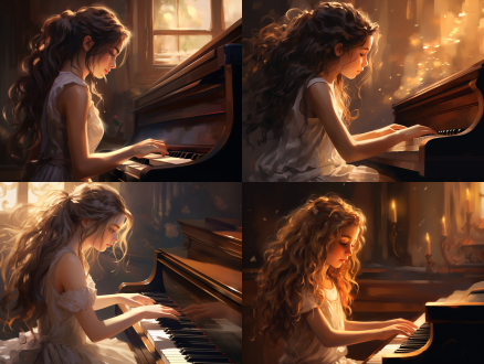 女生侧面弹钢琴，全景构图，慵懒公主头，五官立体，细腻笔触，全方位柔光，朦胧感，治愈色系，写实治愈插画风格。