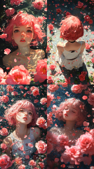 一个女孩在花园里” → 细化后：“日系插画，粉色短发少女，坐在维多利亚风格玫瑰园中，仰视视角，花瓣随风飘落，柔光滤镜，浅景深