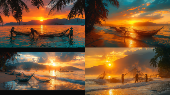 三亚黎明海滩全景，三分法构图，暖色调，海边，长焦镜头，逆光，慢快门，渔民撒网，椰林剪影，宁静。