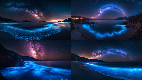 三亚夜空长曝光，银河拱于静海，荧光海浪泛蓝光，三分法构图，冷色调，超广角，慢快门，宁静氛围。