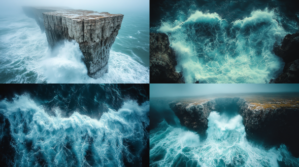 蜈支洲岛悬崖上巨浪拍击，高角度拍摄，水滴悬浮，聚焦白沫，三分法构图，海景，冷色调，长焦镜头，顶光，动感，震撼。