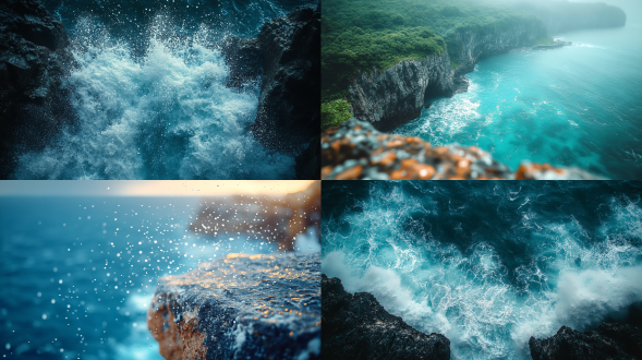 蜈支洲岛悬崖上巨浪拍击，高角度拍摄，水滴悬于空中，聚焦白沫，三分法构图，海景，冷色调，长焦镜头，逆光，动感，震撼。