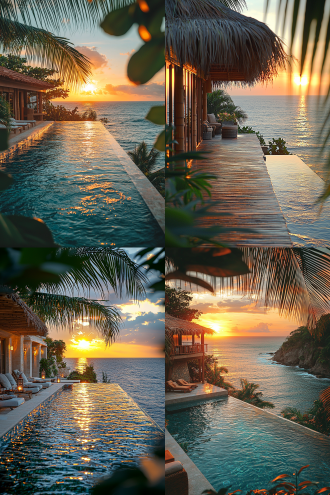 海棠湾豪华小屋特写，竹顶配棕榈叶，无边泳池与海相融，黄金时刻光影，居中构图，暖黄调，长焦镜头，侧逆光，宁静奢华。