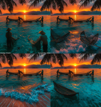 三亚黎明海滩全景，三分法构图，暖色调，海边，长焦镜头，逆光，慢快门，渔民撒网，椰林剪影，宁静。