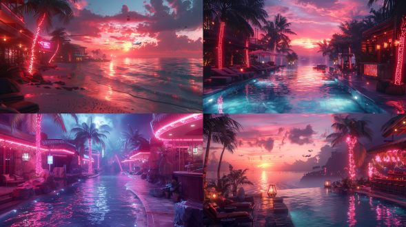 赛博朋克海滩度假村，全息无人机巡逻，led 藤蔓霓虹椰树，ai 调酒师服务，三分法构图，冷色调，超广角，顶光，动态，科技感。