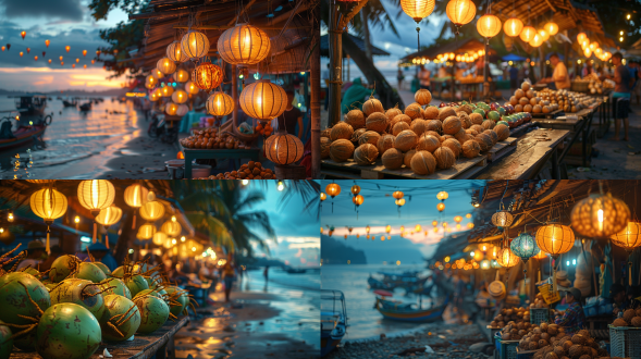 黄昏转夜景海滩市集，竹编灯笼挂摊位，椰汁摊贩开壳，黎族织锦背景，三分法构图，暖冷色调，长焦镜头，侧逆光，热闹氛围。