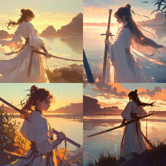 年轻中国白衣女孩面朝河流持剑远眺，对角线构图，武侠风，暖光，长焦镜头，远景，微风，夕阳，宁静又洒脱。