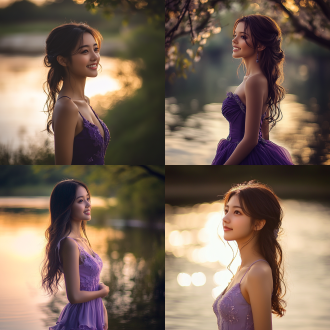 一个东方女孩，紫色的衣服，站在河边，她在微笑，侧脸，湖边，春天傍晚，写实摄影，平视视角，中景，高饱和度，三分法构图，侧逆光