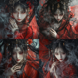 中国鬼新娘特写/全身照，红绸婚纱与黑藤交融，金踝铃刻道符，指尖生烟，银簪垂珠，哀伤眼眸映月，软光雾效，叶锦添天野喜孝风，8k，超细节。