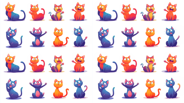 玄猫吉祥物多姿势表情，开心伤心等，纯色填充，简洁线条，明亮色，卡通插画，柔和光，温馨亲和，活泼生动。
