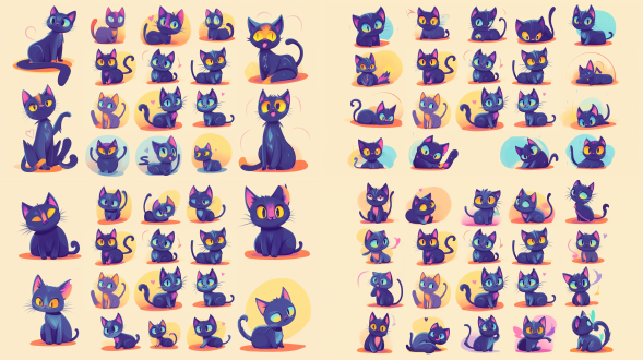 玄猫吉祥物多姿势表情，开心伤心等，纯色填充，简洁线条，明亮色，卡通插画，柔和光，温馨亲和，活泼生动。