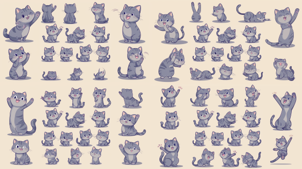 虎斑猫吉祥物多姿势表情，有开心等，纯线插图纯色填充，圆胖可爱，明亮色，平面设计，柔和光，温馨亲和，活泼生动。