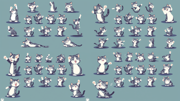 虎斑猫吉祥物多姿势表情，有开心等，纯线插图纯色填充，圆胖可爱，明亮色，平面设计，柔和光，温馨亲和，活泼生动。