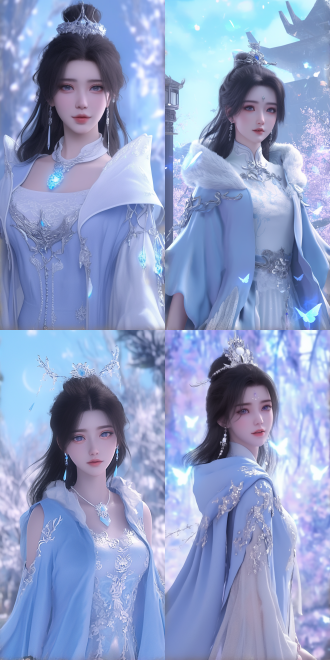 国漫亚洲清纯美女面对观众，玄幻背景，仙气飘飘，3d动漫风，三分构图，冷色调，长焦镜头，逆光，静态，绝美，最高画质。