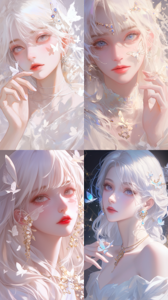 工笔画美女凝视前方，宝石点缀，蝴蝶飞舞，三分法构图，室内暖光特写，高分辨率，细节丰富，典雅氛围。 工笔画 白发