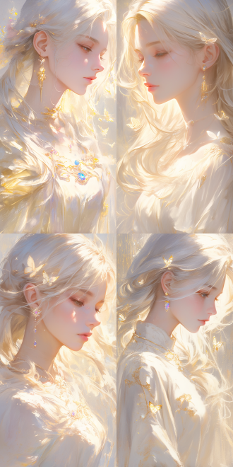 a delicate brush painting of a beautiful woman gazing forward, adorned with gemstones, with butterflies fluttering around. the composition follows the rule of thirds, with a close-up shot in warm indoor lighting, high resolution, rich in detail, and an elegant atmosphere. delicate brush painting, white hair.