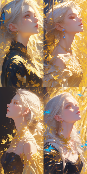 美妇凝视前方，蝴蝶环绕，宝石点缀，白发，三分法构图，特写，暖室内光，高分辨率，工笔画风，优雅氛围。