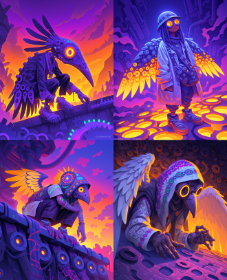 an engineer with mechanical wings stands on a floating urban rooftop lined with exotic luminous tools, his wings extending from gears and pipes of light, in the style of yoshitaka amano. the image features intricate detail, full body portrait, flat complexion background, illustrations, dark gold background, bright color scheme, surrealistic detail, surreal rendering, high resolution and sharp focus, resulting in a full hd image