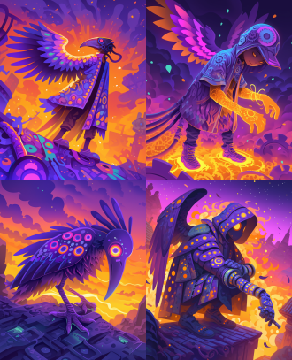 stands on a floating urban rooftop lined with exotic luminous tools, his wings extending from gears and pipes of light, in the style of yoshitaka amano. the image features intricate detail, full body portrait, flat complexion background, illustrations, dark gold background, bright color scheme, surrealistic detail, surreal rendering, high resolution and sharp focus, resulting in a full hd image